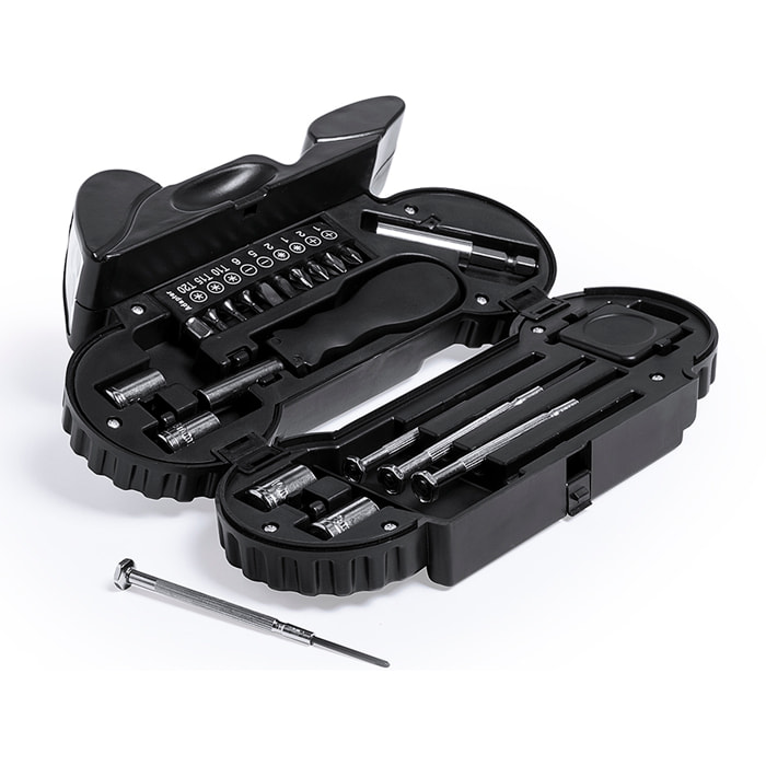 Set di attrezzi Mostik con 21 accessori in custodia con design motociclistico e torcia a LED integrata da 4 LEDs, batterie incluse.