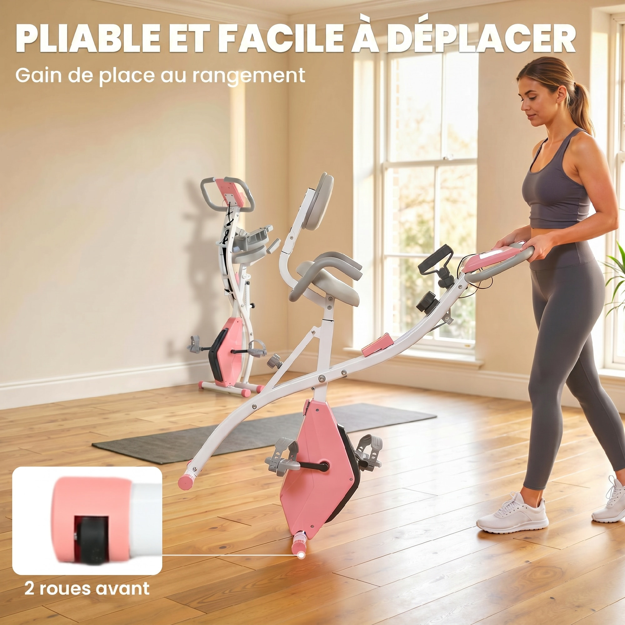 Vélo d'appartement pliant 8 niveaux de résistance magnétique dossier selle réglable poignées ergonomiques écran LCD multifonction suspensions support tablette acier rose blanc