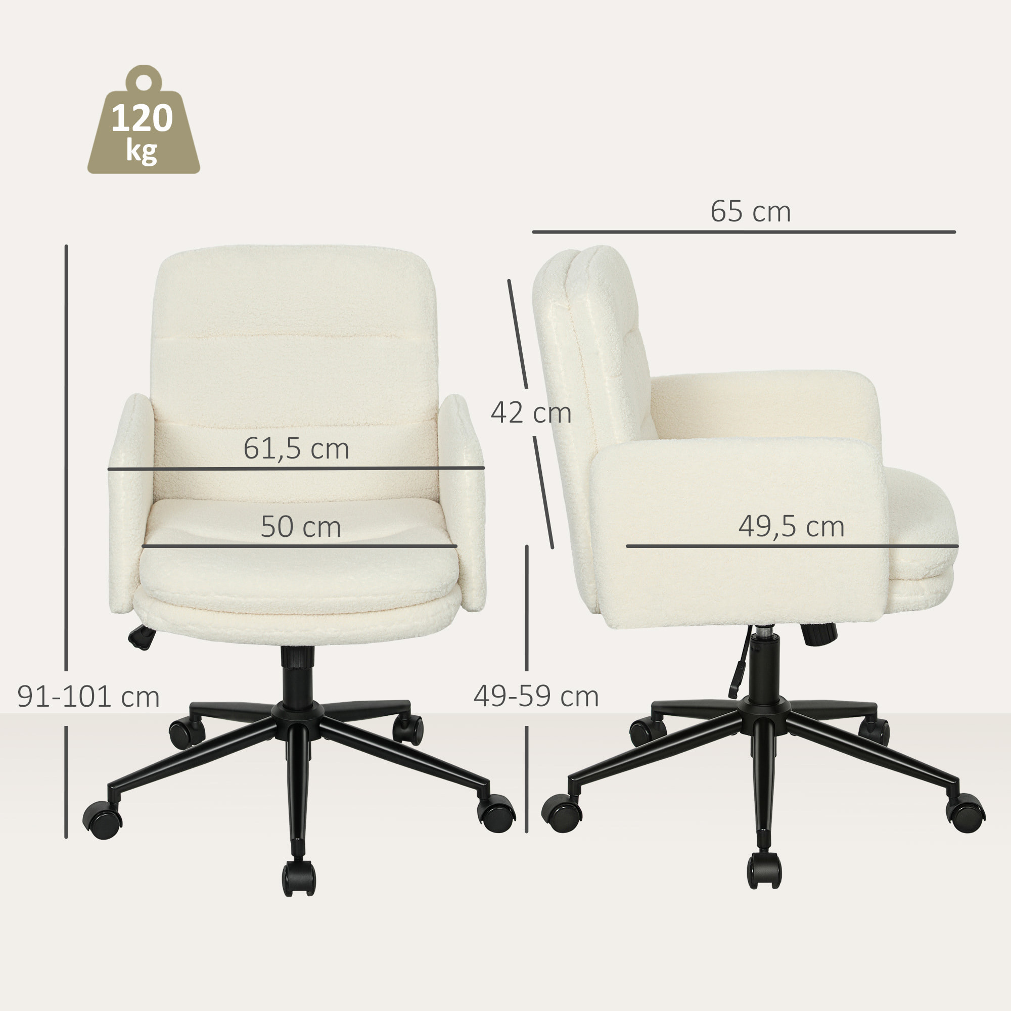 Chaise de bureau bouclette crème grand confort piètement acier noir