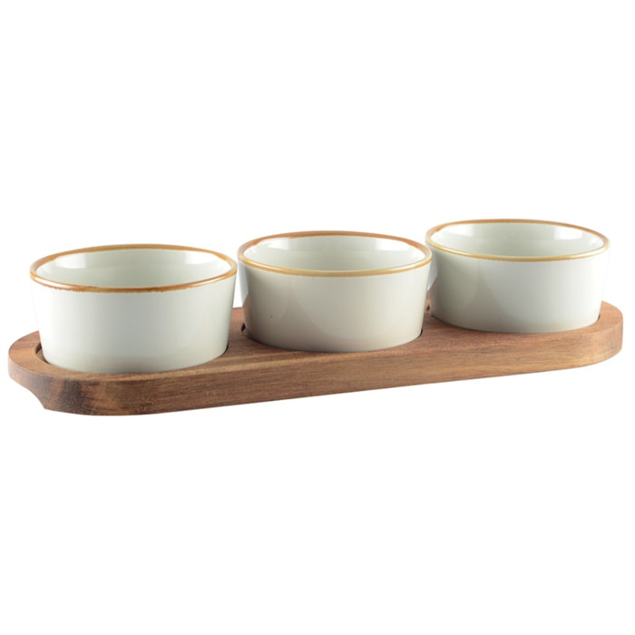 Set apéritif de 3 coupelles sur plateau en bois 29x10cm