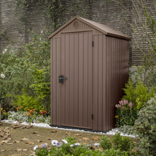 Darwin 4x4 - Casetta da Giardino 125,8x205x117 cm 1 Anta per deposito attrezzi finitura effetto legno Evotech+ in Resina Marrone