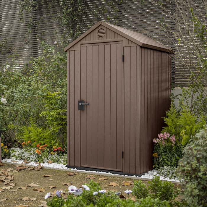 Darwin 4x4 - Casetta da Giardino 125,8x205x117 cm 1 Anta per deposito attrezzi finitura effetto legno Evotech+ in Resina Marrone