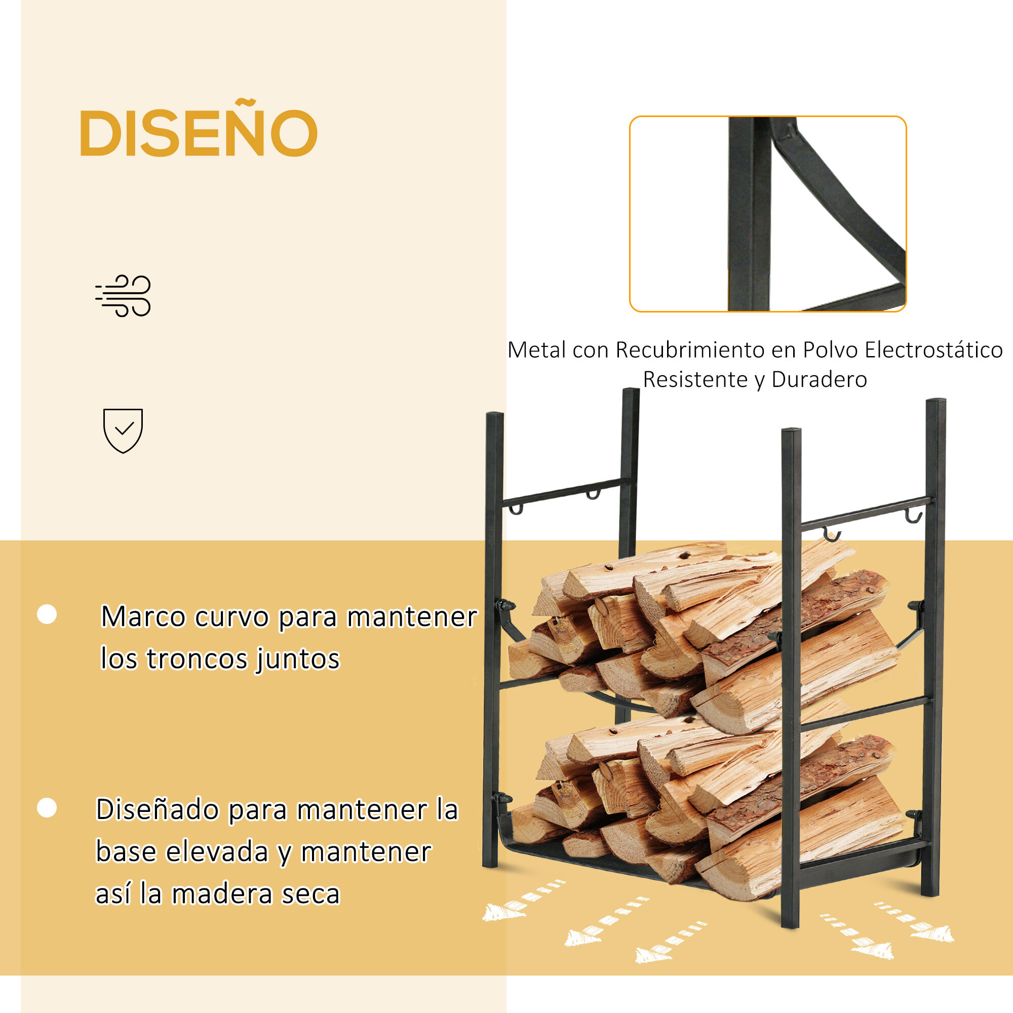 Leñero de 2 Niveles Metálico con 4 Herramientas para Chimenea 44,5x29,5x73 cm