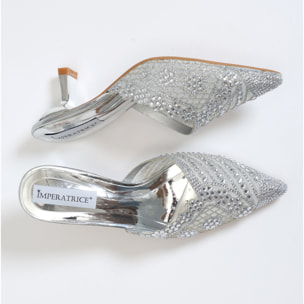 Sandali in simil pelle con tacco a rocchetto e tomaia gioiello