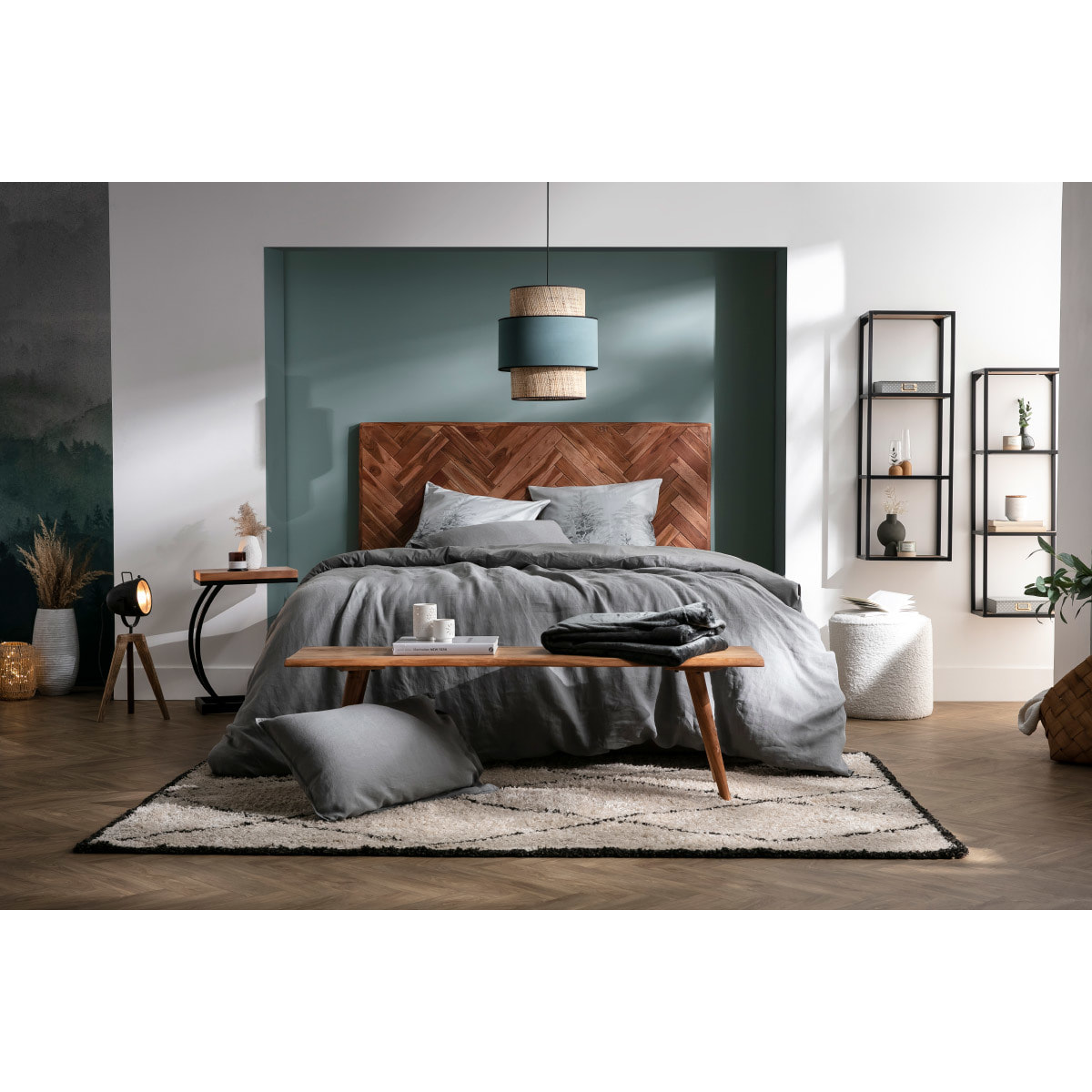 Tête de lit à motifs chevrons en bois massif et métal noir L165 cm STICK