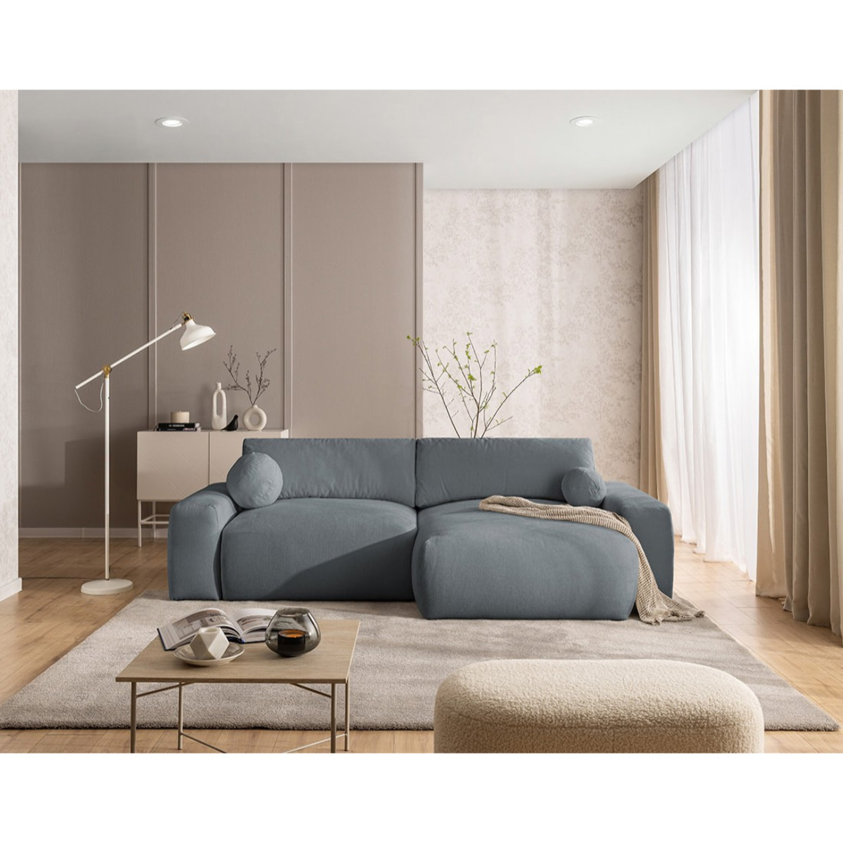 Constance - Canapé d'angle réversible 4 places convertible avec coffre en tissu - Gris