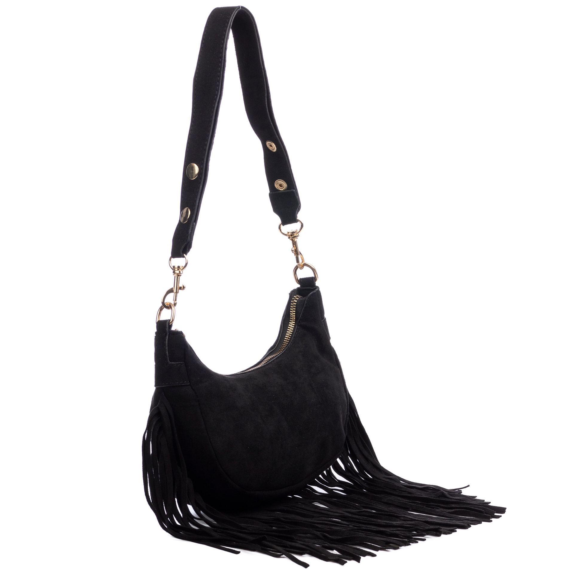 Ateleta borsa a tracolla in vera pelle scamosciata, con frange.