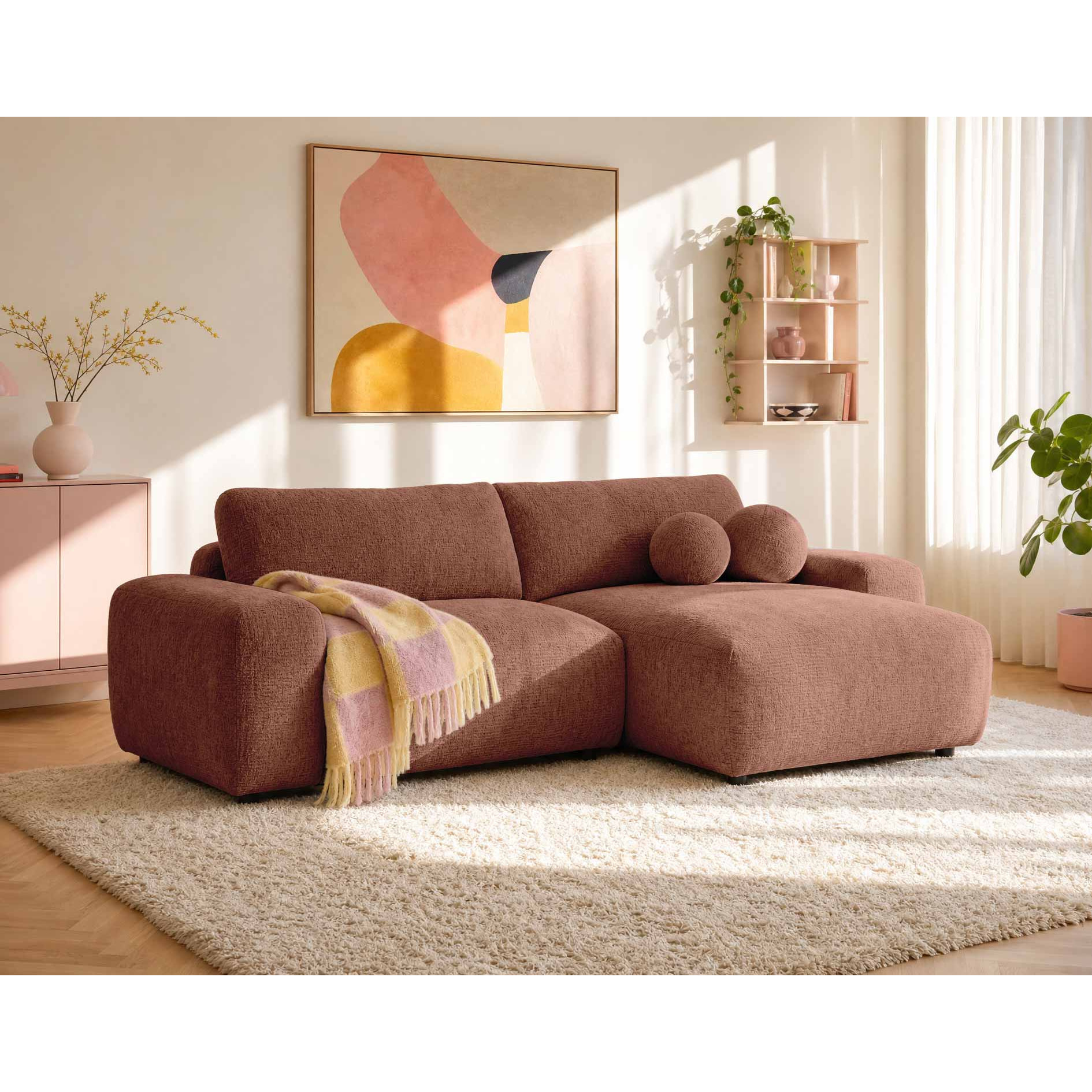 Constance - Canapé d'angle réversible 4 places convertible avec coffre en velours gaufré - Terracotta