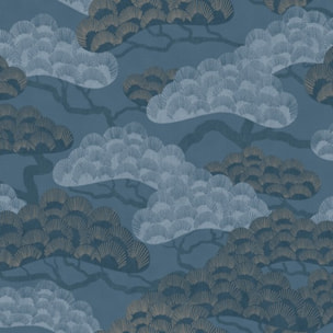 Papier peint pins japonais bleu ardoise doré