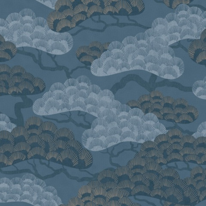 Papier peint pins japonais bleu ardoise doré