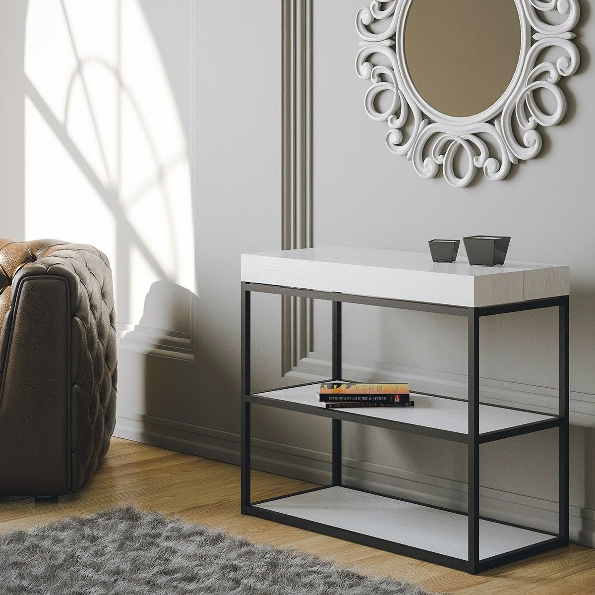 Console extensible 90x40/196 cm Plano Small Frêne Blanc cadre Anthracite