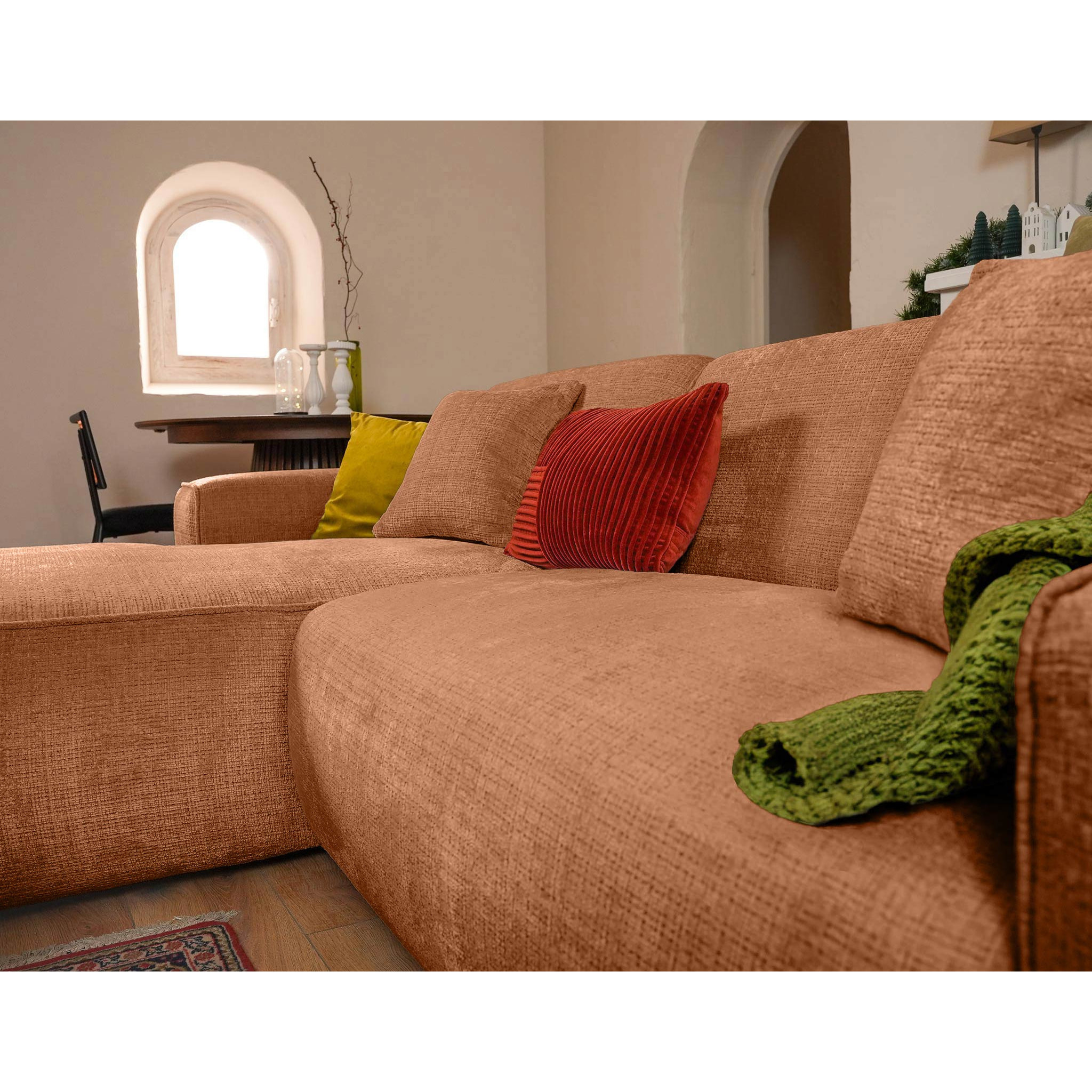 Lison - Canapé d'angle gauche 4 places en velours texturé - Terracotta