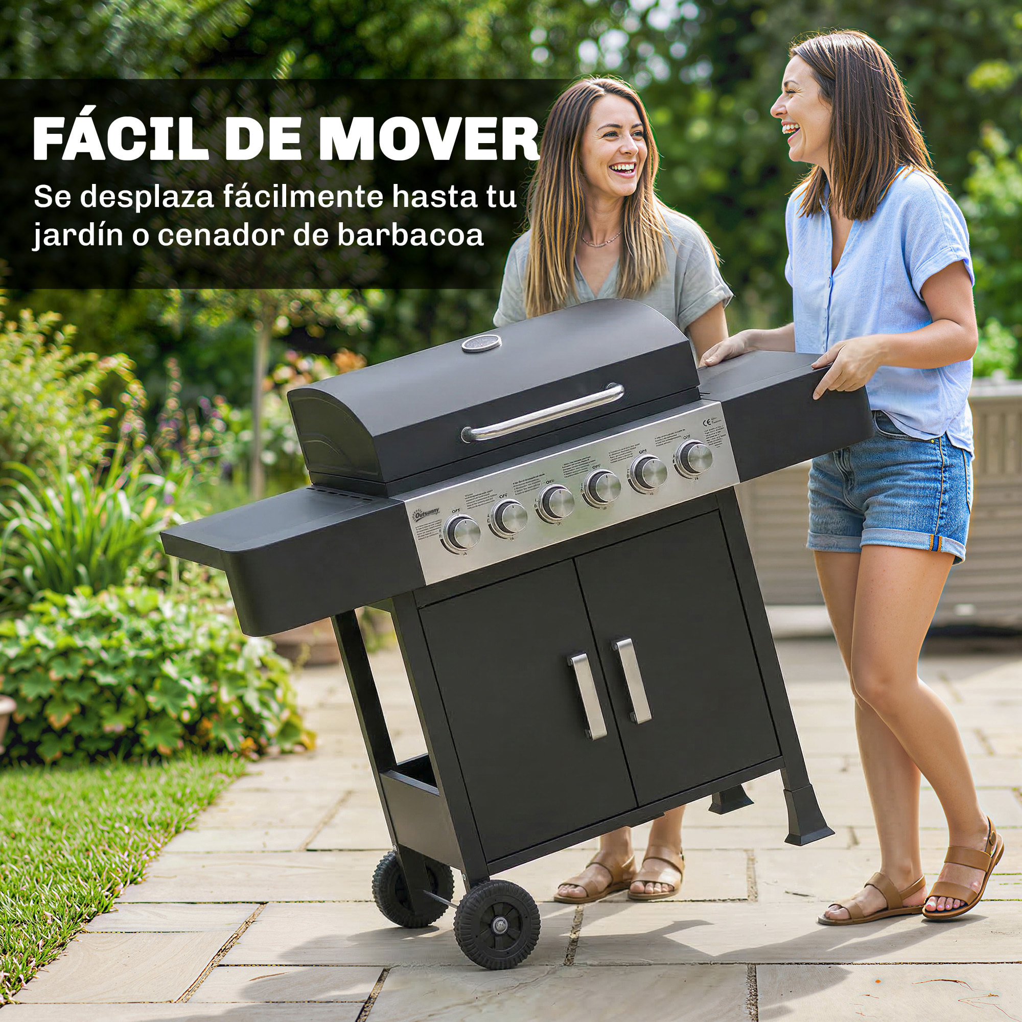 Barbacoa de Gas BBQ Gas con 6 Quemadores 15 kW Barbacoa Portátil con Termómetro Tapa 2 Mesas Laterales Armario Rejilla Calentadora Parrilla Recogedor Grasa Asa 2 Ruedas Negro