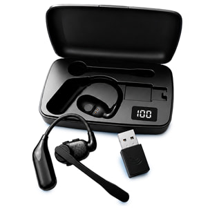 Auricular Bluetooth manos libres V2. Diseño reversible para ambas orejas, micrófono magnético extraíble de 360° y batería larga duración. Con caja de carga y compatible con PC/Tablet.