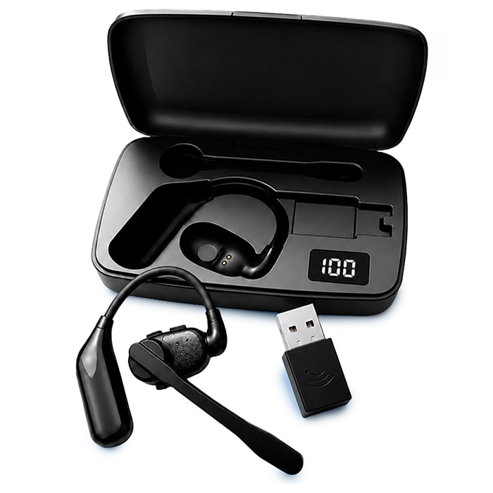 Auricular Bluetooth manos libres V2. Diseño reversible para ambas orejas, micrófono magnético extraíble de 360° y batería larga duración. Con caja de carga y compatible con PC/Tablet.
