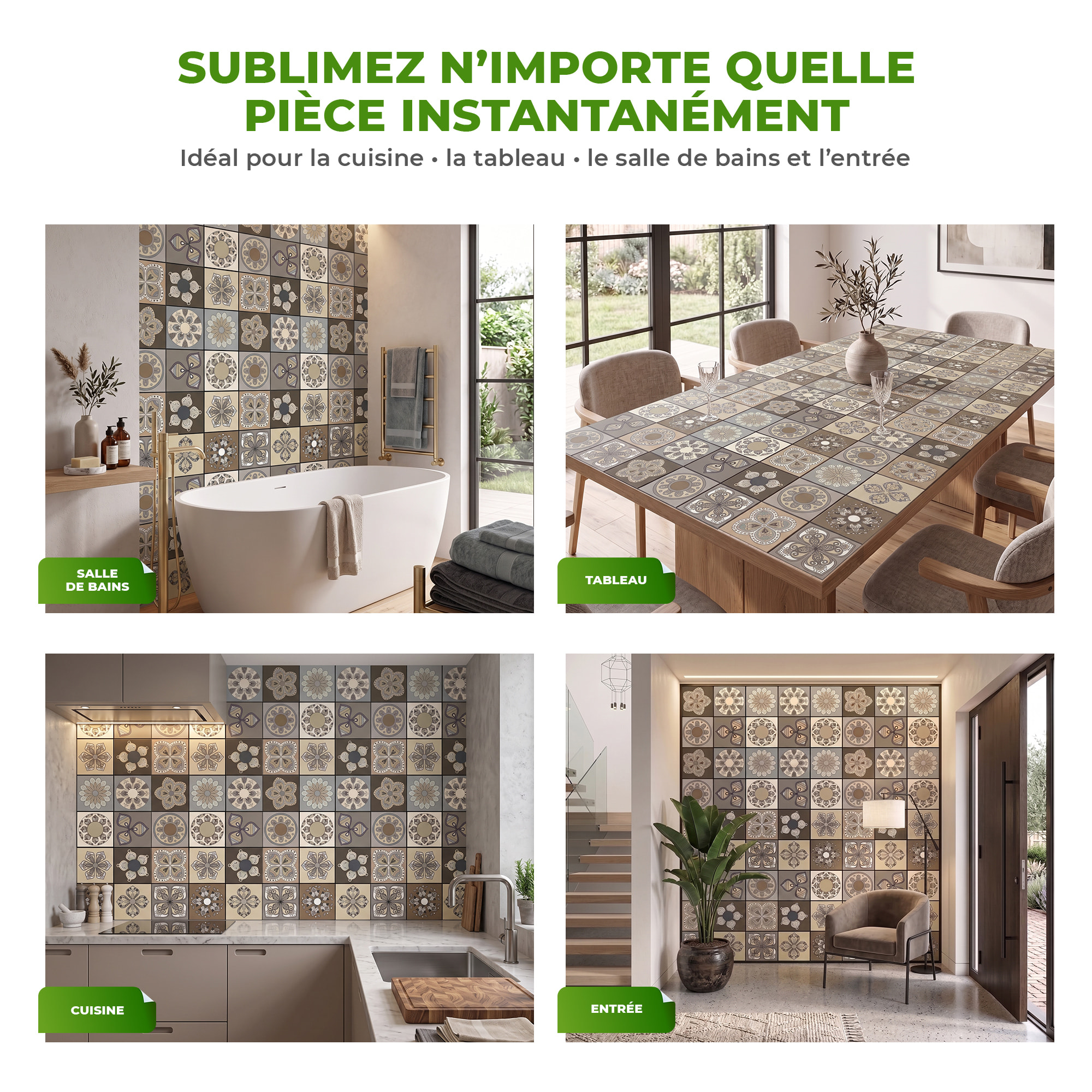 Stickers muraux - Sticker Mural Carrelage adhésif Cuisine Salle de Bain - 12 STICKERS CARREAUX DE CIMENT SALERNE