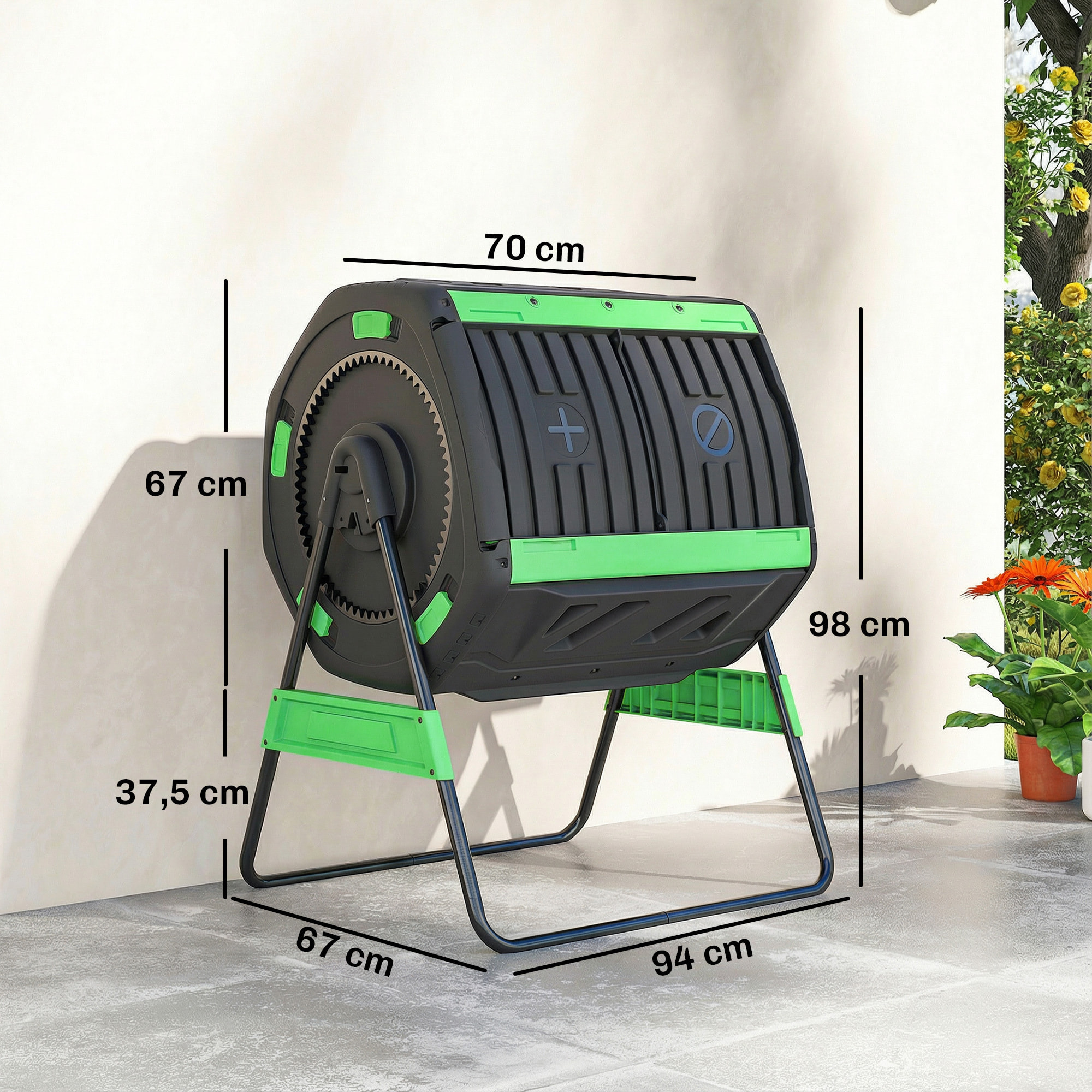 Compostador Giratorio de 200L, Contenedor de Compostaje de Jardín de Doble Cámara, Sin BPA, Compostadora con Aberturas de Ventilación, 2 Puertas Deslizantes y Patas de Metal, Verde
