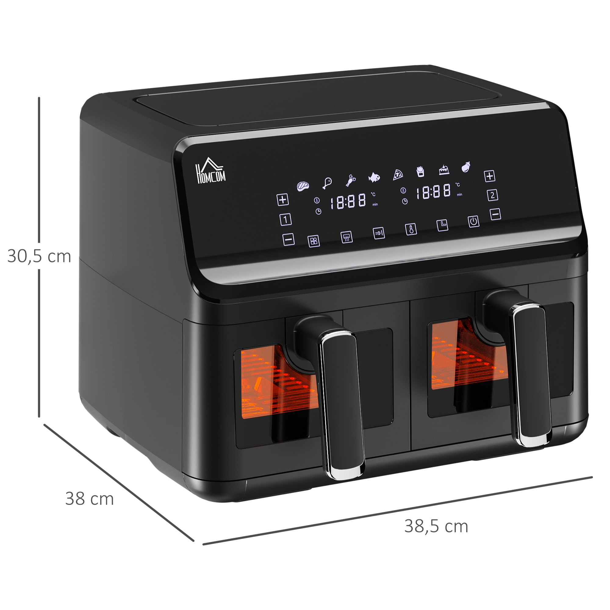 Freidora sin Aceite Doble 8L Freidora de Aire Caliente 2500W con 8 Programas Pantalla LED Táctil Temperatura Ajustable 80-200„ƒ Temporizador y Cesta Antiadherente 38,5x38x30,5 cm Negro