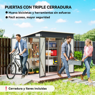 Caseta de Jardín Exterior 2,7 m², 234x132x185 cm, Cobertizo de Jardín Exterior Metálico con Triple Puerta, Cerradura, Techo Inclinado y Ventilación para Almacenamiento de Herramientas, Gris