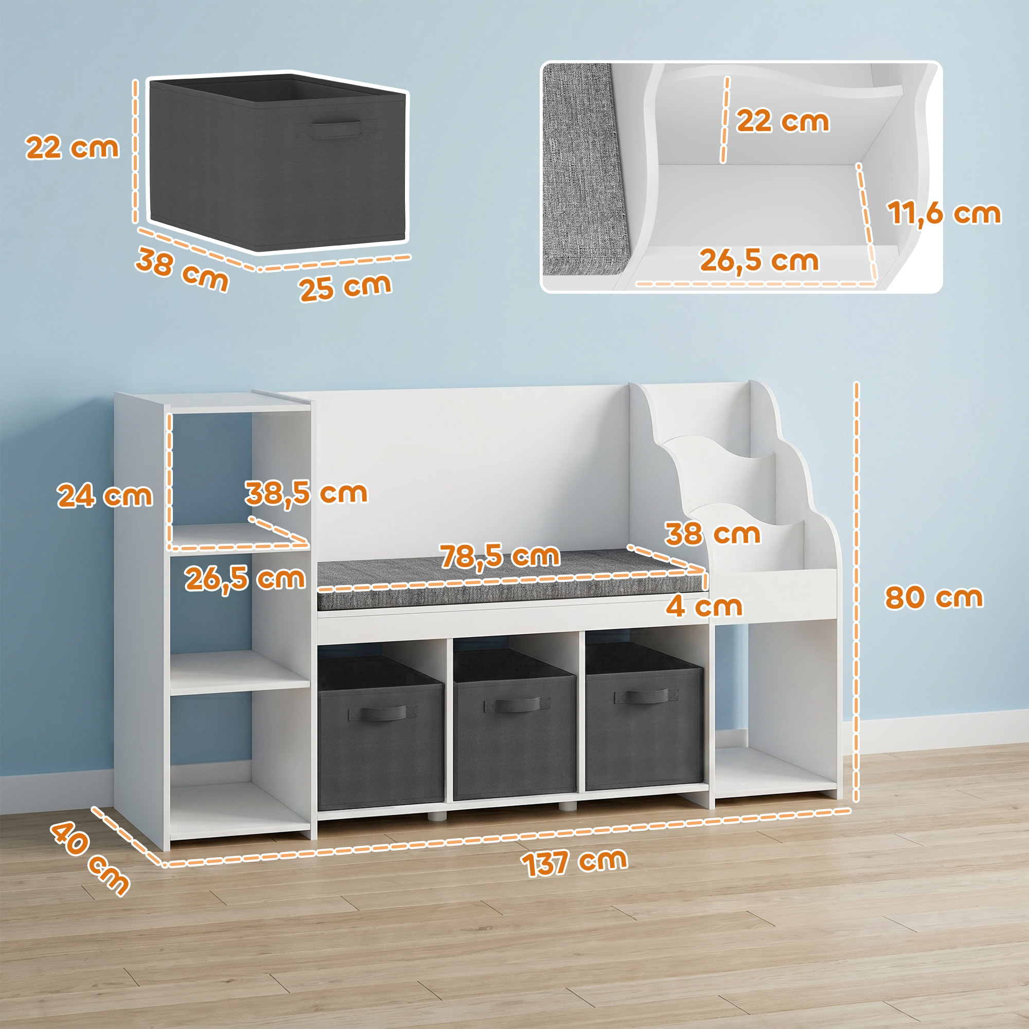 Estantería Infantil Juguetes con Rincón de Lectura, Organizador de Juguetes con Cojín, 3 Cajones de Tela, 3 Estantes, 4 Cubículos, 3-8 Años, Dormitorio, Guardería, 137x40x80 cm, Blanco y Gris