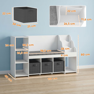 Estantería Infantil Juguetes con Rincón de Lectura, Organizador de Juguetes con Cojín, 3 Cajones de Tela, 3 Estantes, 4 Cubículos, 3-8 Años, Dormitorio, Guardería, 137x40x80 cm, Blanco y Gris
