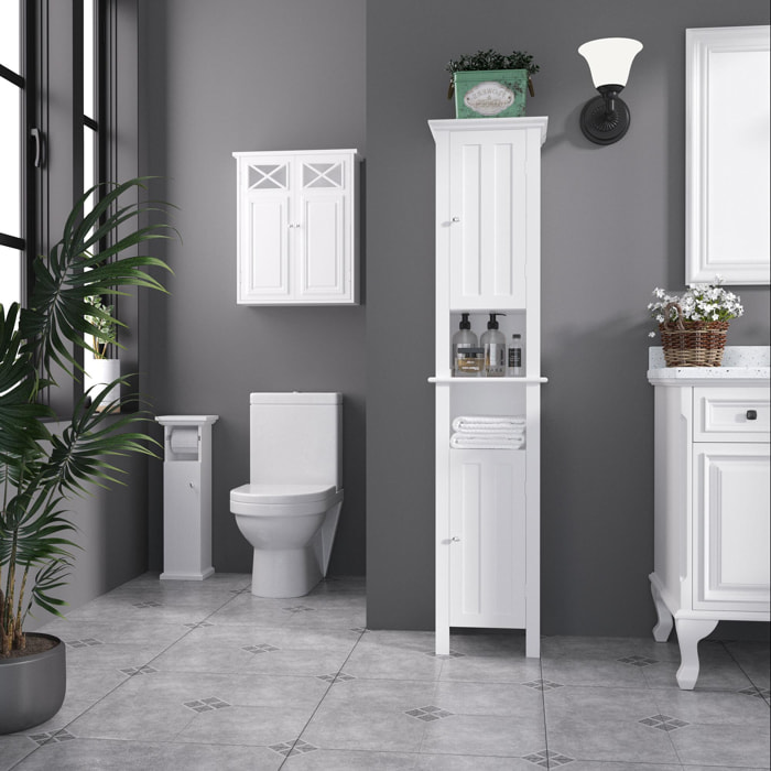 Meuble WC armoire toilette - porte, support papier - dim. 21L x 17l x 66H cm - blanc