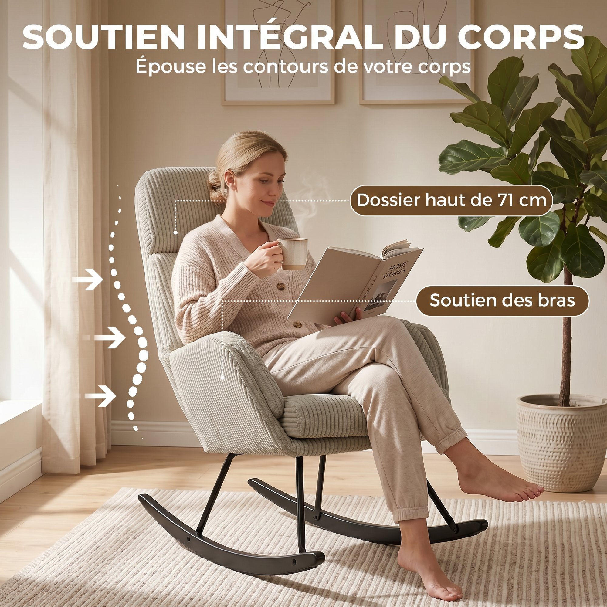 Fauteuil à bascule velours côtelé beige métal bois noir