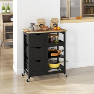 Carro de Cocina, Carrito Auxiliar con Ruedas, Tablero de Madera, 3 Cajones, 2 Estantes Abiertos y Bandeja Extraíble, para Comedor Salón, 67x37x85,5 cm, Negro