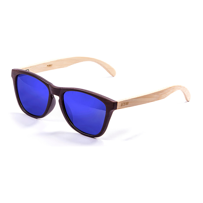 Gafas de sol OCEAN SEA WOOD - De brazo natural de bambú con frente marrón oscuro / Revo azul