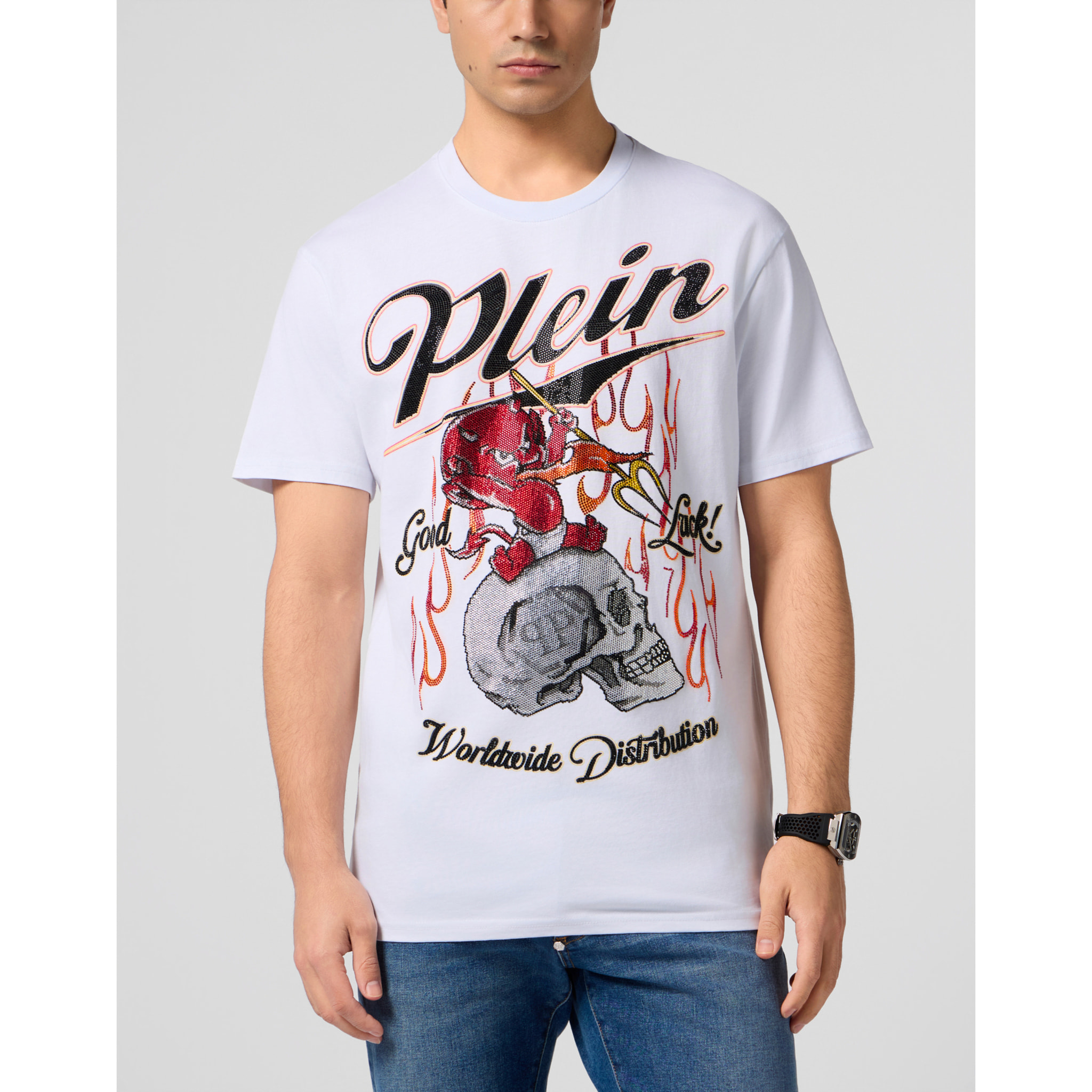 PHILIPP PLEIN Round Neck T-Shirt Little Devil Crystal