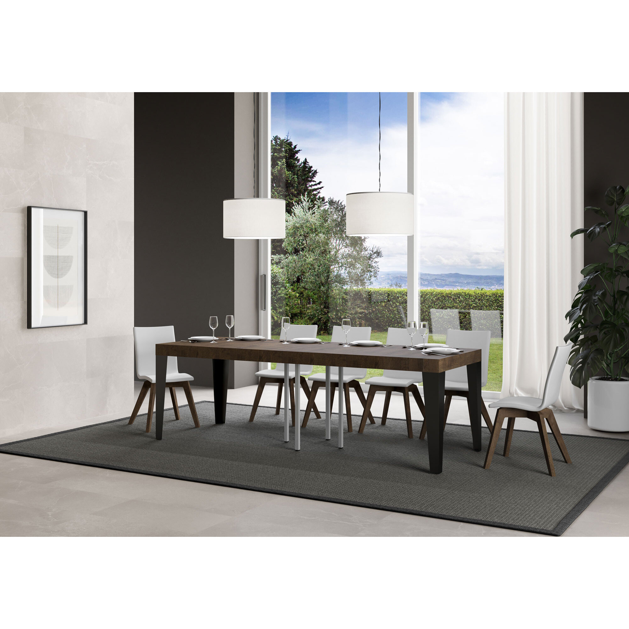 Table extensible 90x90/246 cm Flame Premium Noyer cadre Anthracite