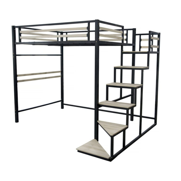 Lit mezzanine en métal avec escalier "LENA" - 140 x 190 cm - Noir