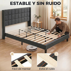 Cama Tapizada 135x190 cm con Cabecero Acolchado con Orejas y Almacenaje Inferior, Marco de Cama Doble con Somier de Lamas de Madera, Diseño Moderno, Fácil Montaje, Gris