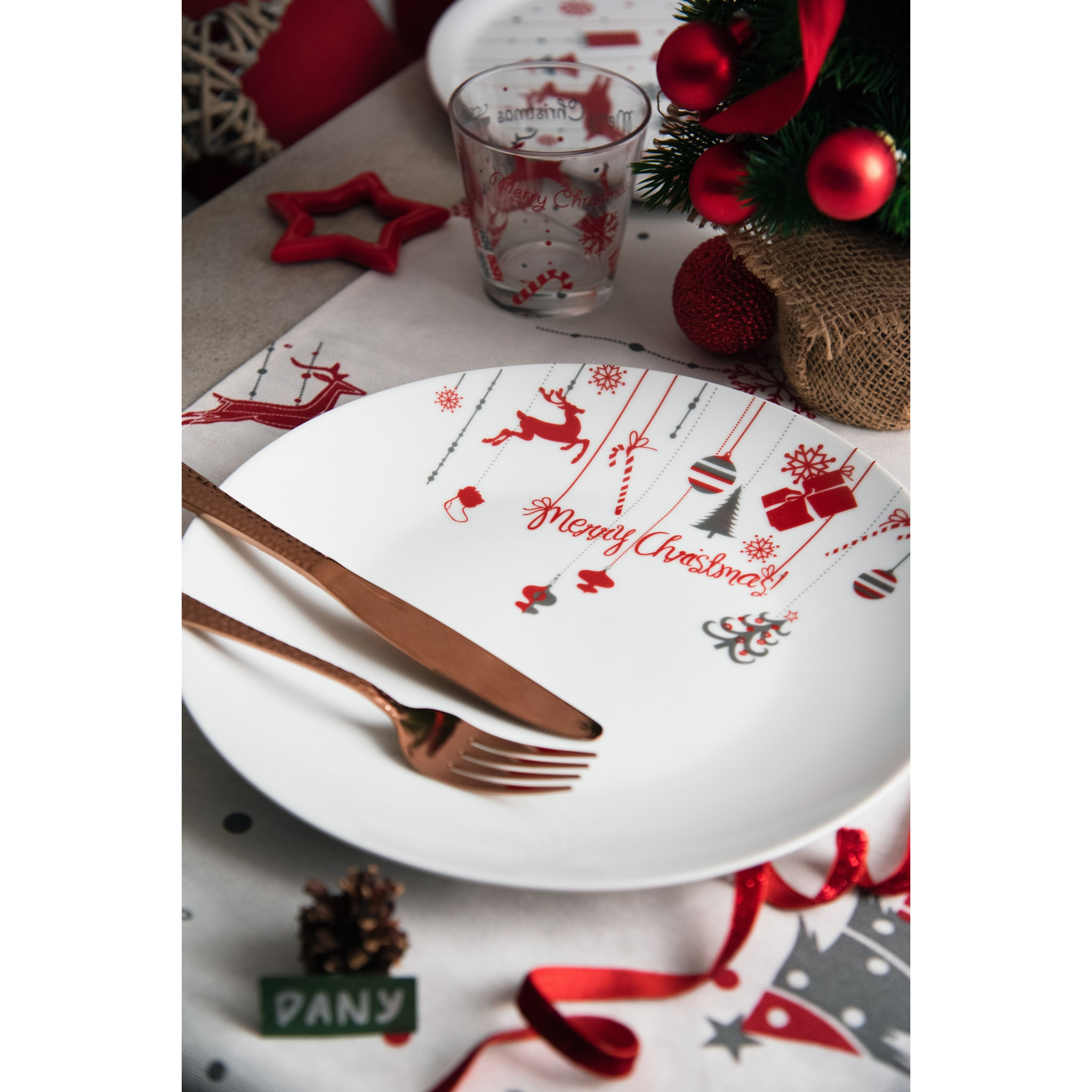 Chemin de table Excelsa – Merry Christmas, Coton et polyester blanc