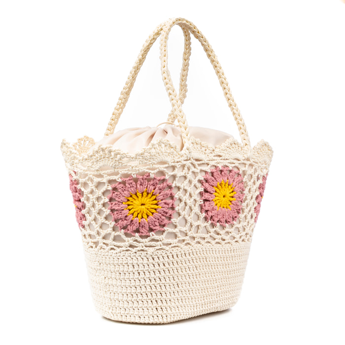 Villaga bolso de hombro mujer. Fabricado en algodón, con flores decorativas.