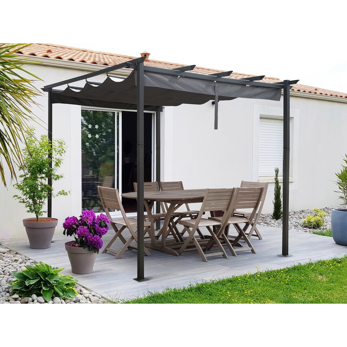 Pergola en aluminium avec toit rétractable - 3 x 3 m - Gris