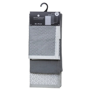 Lot de 3 torchons imprimés - coton - gris foncé - 45x70 cm