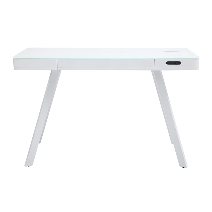 Bureau connecté multimédia avec tiroir en verre et métal blanc L120 cm CLEVER