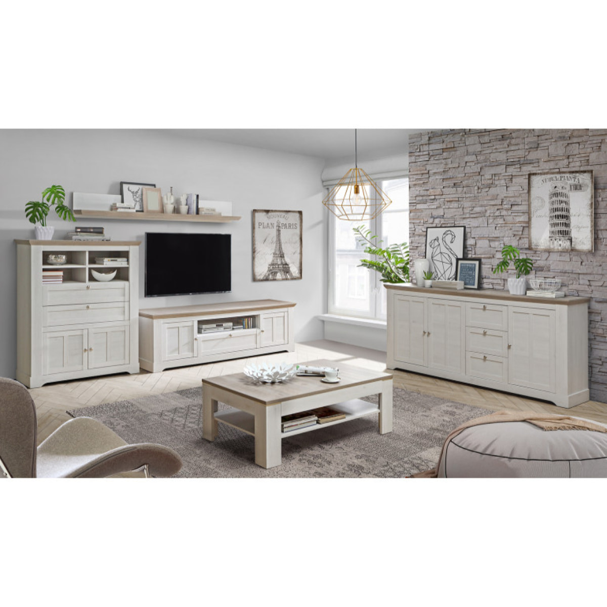 Buffet haut en bois effet chêne clair blanchi - ILONA