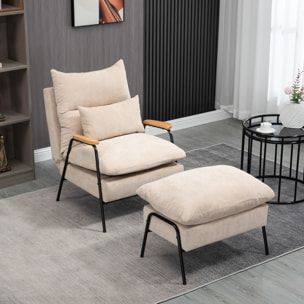 Fauteuil lounge style néo-rétro avec repose-pied - dossier inclinable - structure acier noir accoudoirs bois hévéa revêtement velours cotelé beige