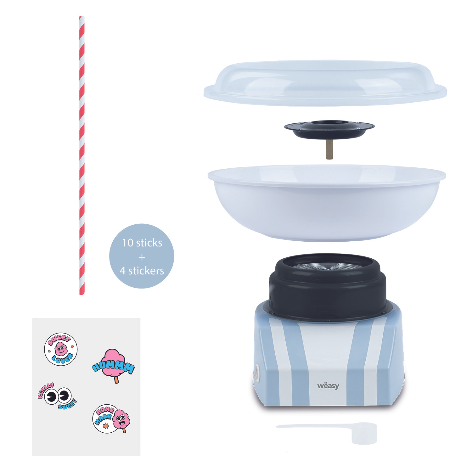 Máquina de algodón de azúcar SWEE32 Wëasy, 1 Cuchara medidora, 10 Conos de Papel, Bol extraíble, 450 W