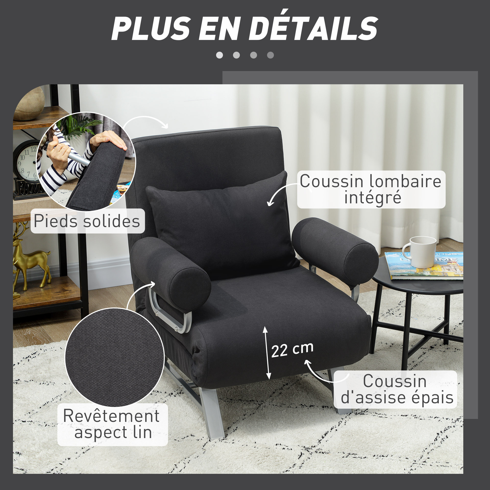 Fauteuil chauffeuse canapé-lit convertible inclinable 1 place grand confort coussin lombaires accoudoirs piètement métal lin noir