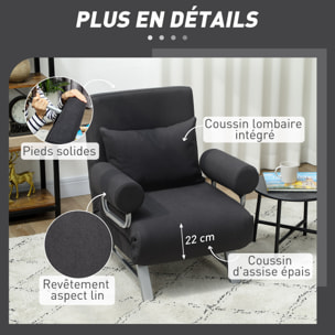 Fauteuil chauffeuse canapé-lit convertible inclinable 1 place grand confort coussin lombaires accoudoirs piètement métal lin noir