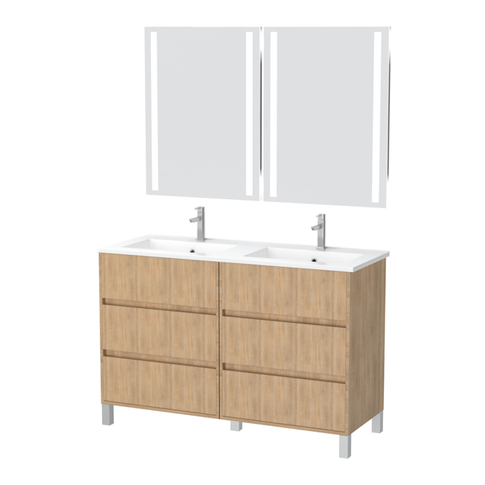 Meuble Salle de Bains 120 cm Chêne Clair 6 Tiroirs, Vasque, Miroirs 60x80 à Leds intégrées - XENOS