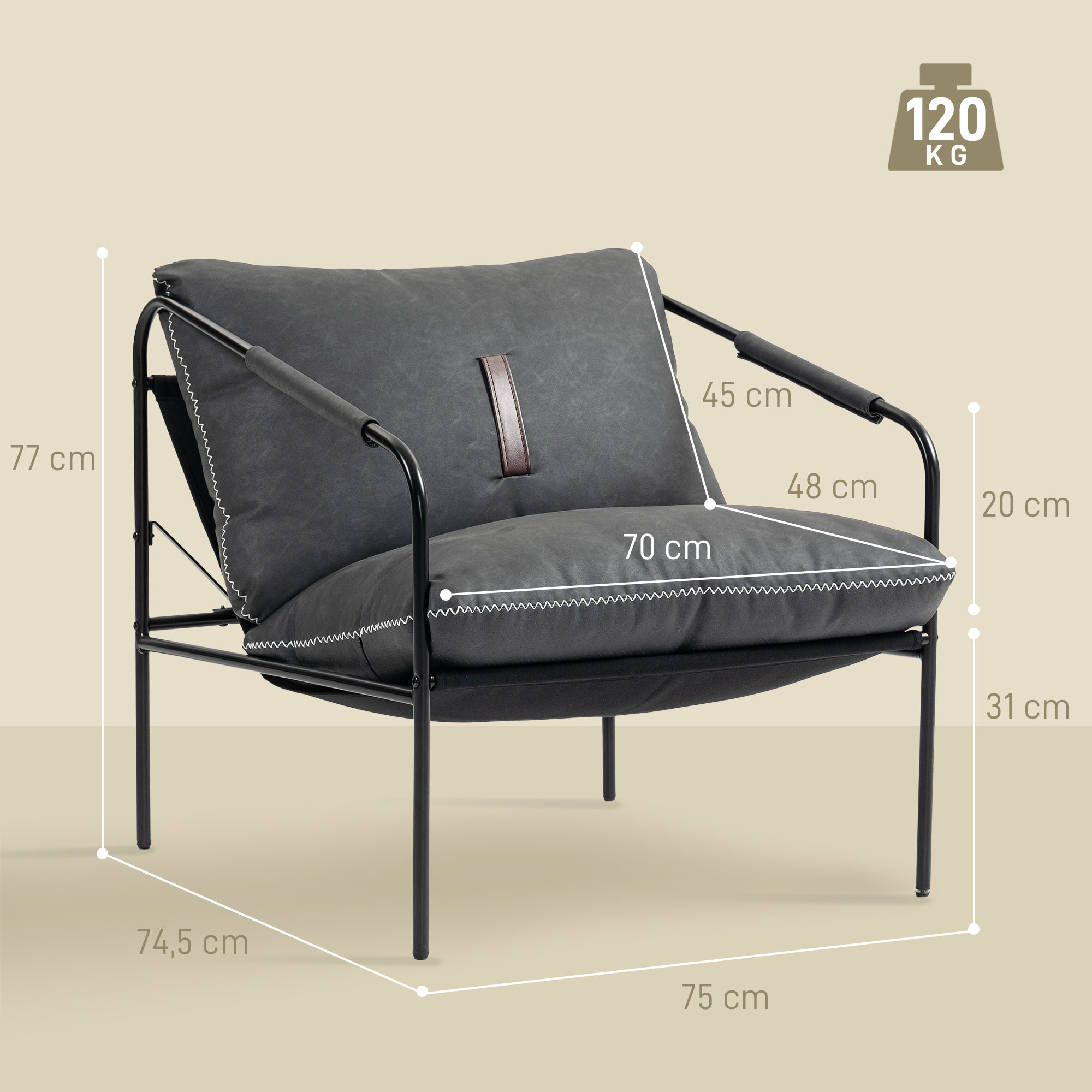 Butaca de Salón Moderna, Sillón de Lectura Tapizado en Cuero Sintético, Fundas de Cojines Extraíbles, Acolchado Grueso, Patas de Metal, para Dormitorio, Oficina, Gris Carbón