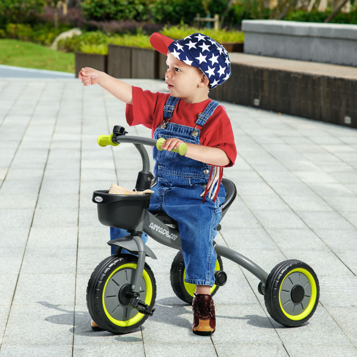 Tricycle enfant multi-équipé garde-boue sonnette panier pédales antidérapantes siège réglable avec dossier métal noir