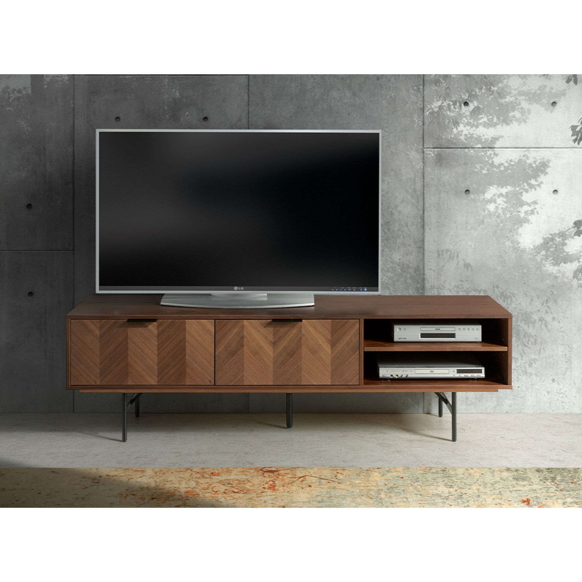 Mueble TV SAMIRA - 2 puertas y 2 estantes - nogal y negro - 180x40x50cm