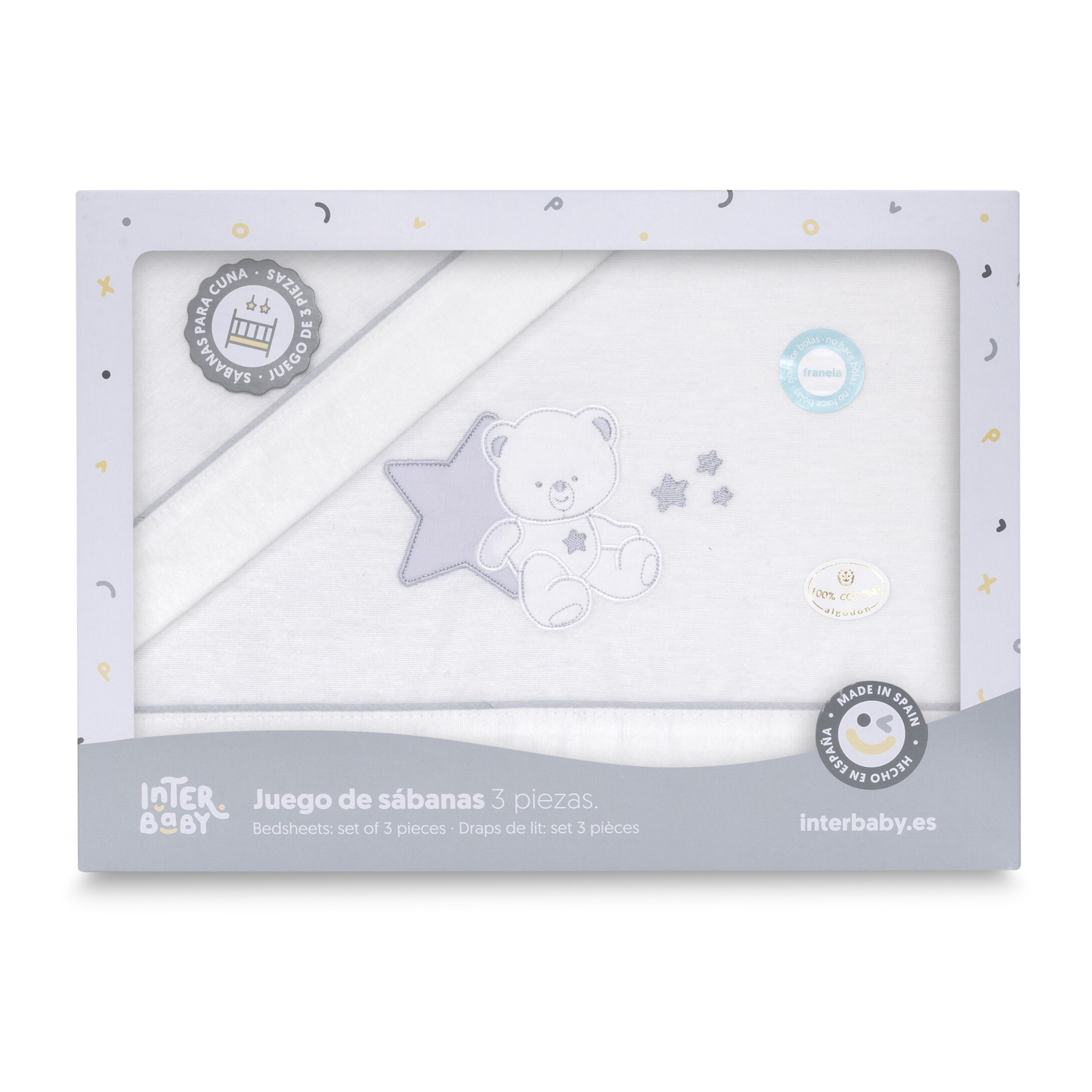 Triptico Minicuna Franela Osito Sentado Bco/Gris