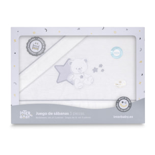 Triptico Minicuna Franela Osito Sentado Bco/Gris