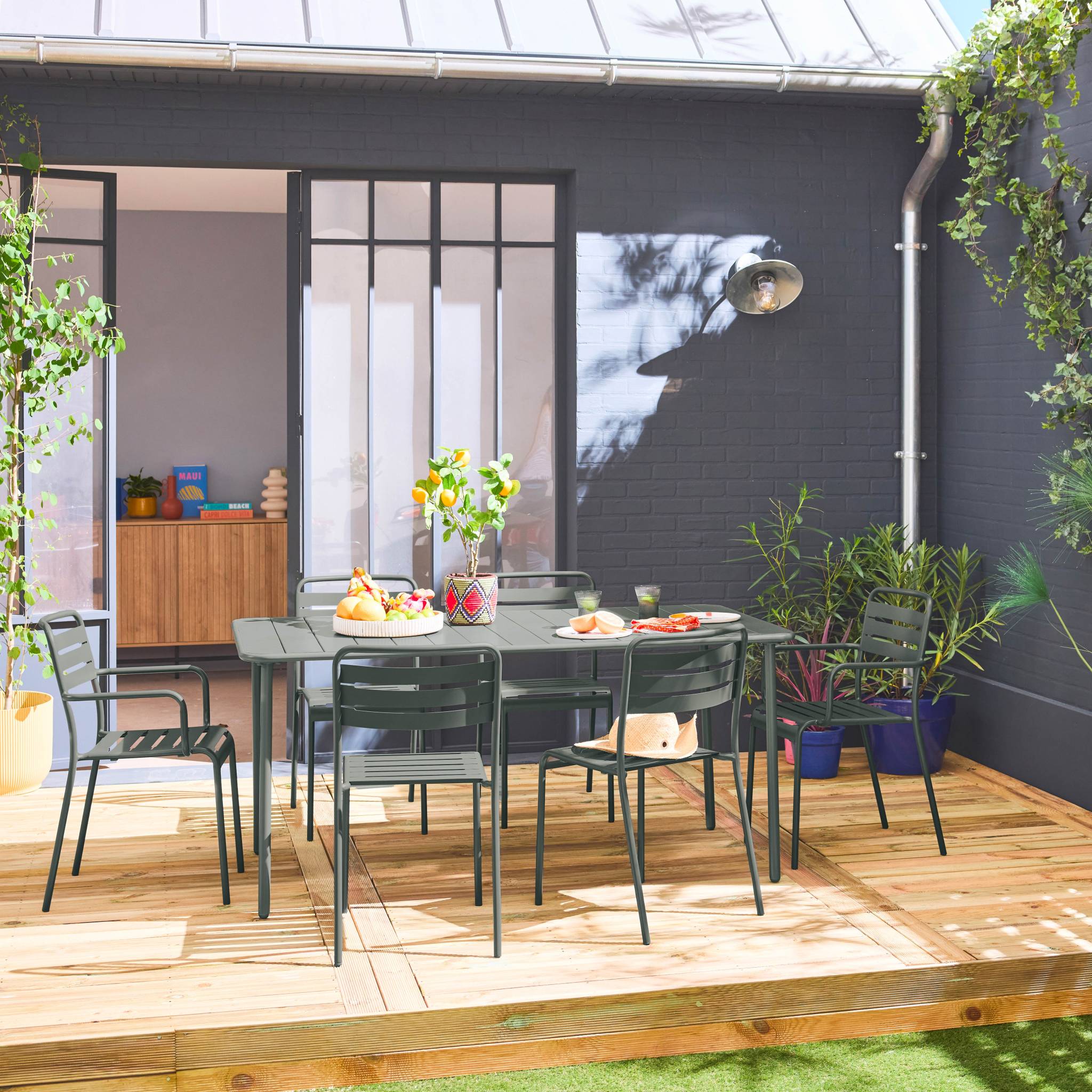 Table de jardin métal + 6 assises kaki. acier traitement anti rouille